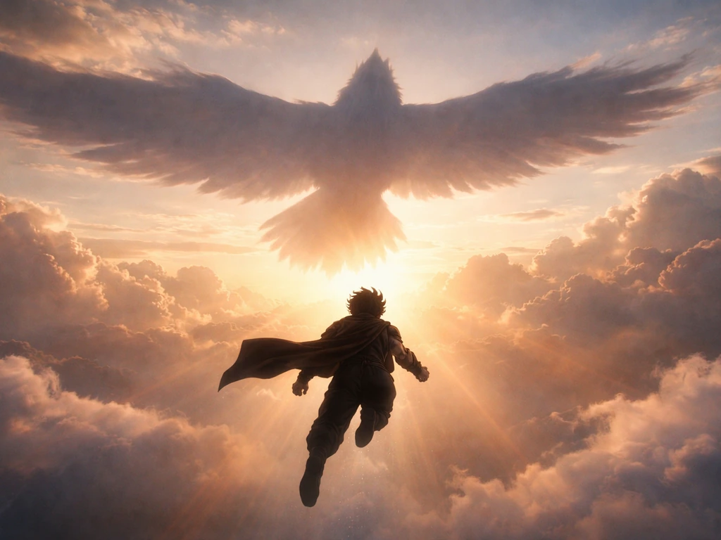 Anime-style silhouette of a soaring young hero with a giant bird shadow overhead.