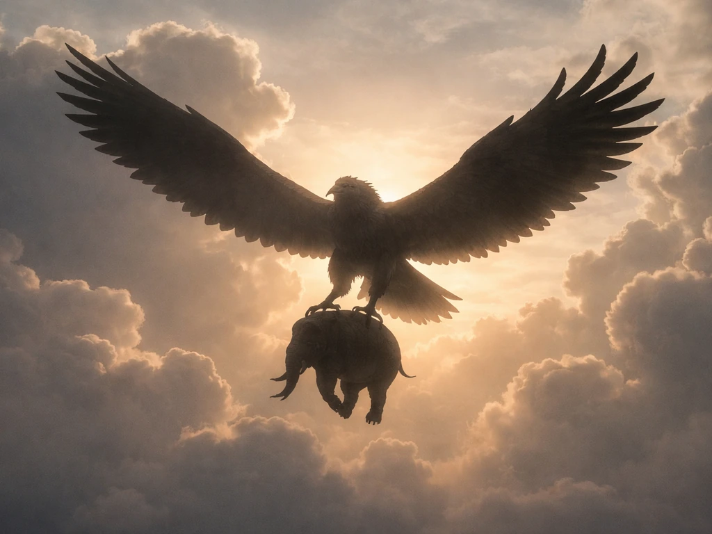 A colossal mythic bird soars over clouds carrying an elephant-sized silhouette in its talons.