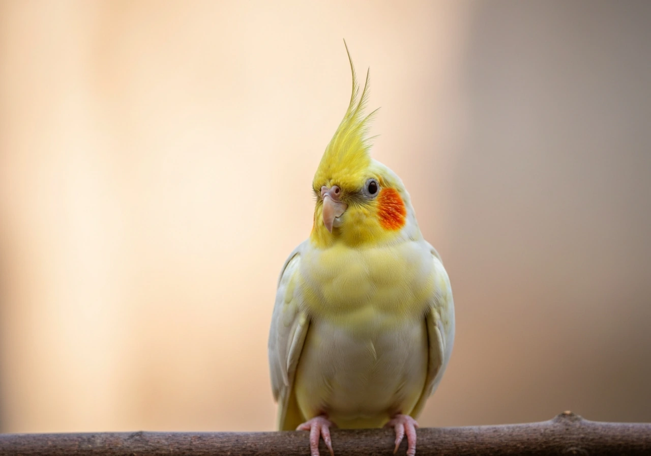 Close-up of a cockatiel with an upright crest and warm, sunlit tones against a simple softly blurred background.
