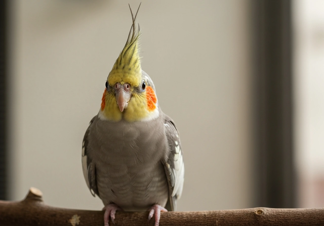 Close-up of a cockatiel perched on a branch, crest raised, showing its facial markings.