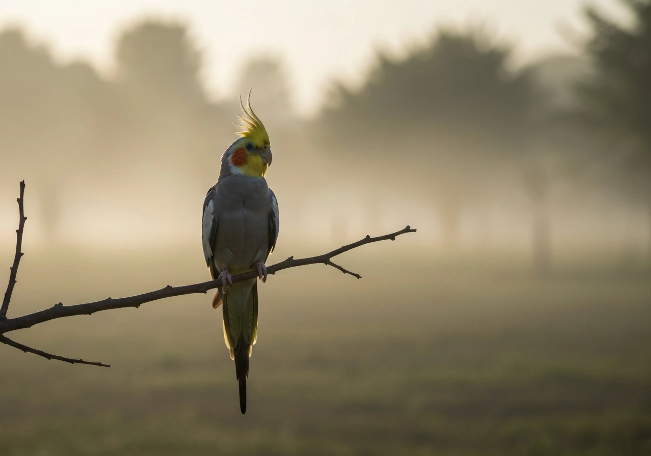 Cockatiel perched on a branch in soft dawn light with a calm, mystical atmosphere.
