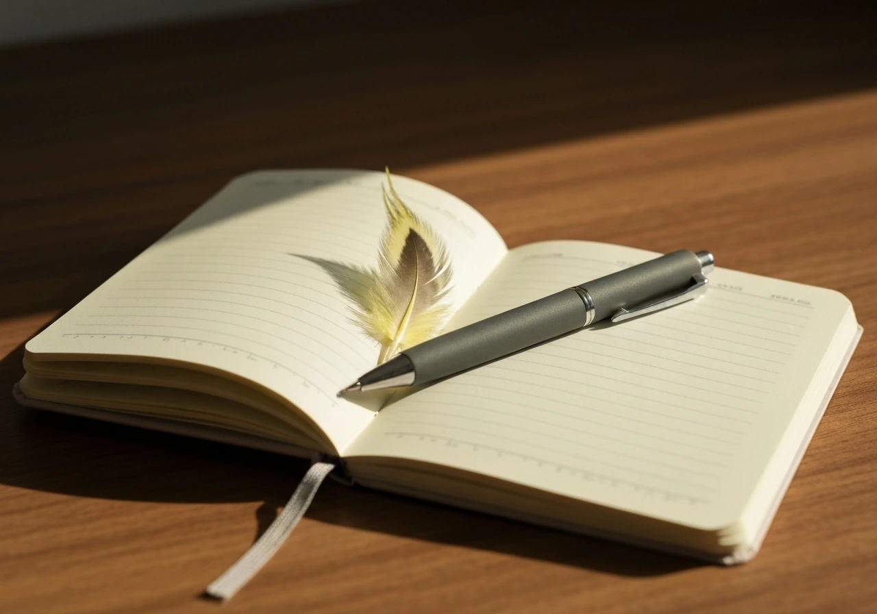 Open journal on a wooden desk with a pen and a small cockatiel feather beside it.