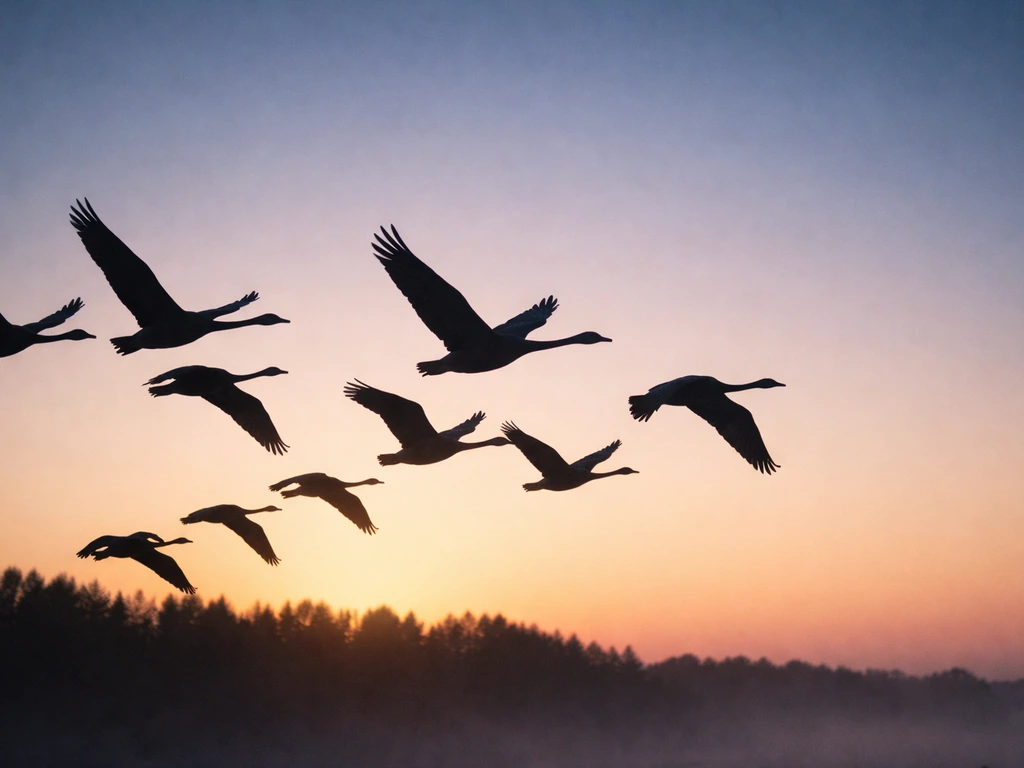 Silhouetted migratory birds in flight at sunrise, wing shapes outlined against a warm sky gradient.