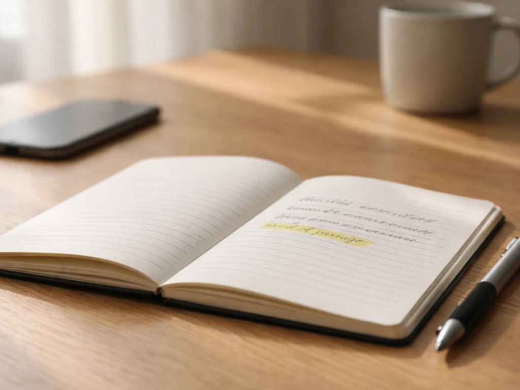 Minimal desk with an open notebook and pen; handwritten example sentences include the phrase highlighted.