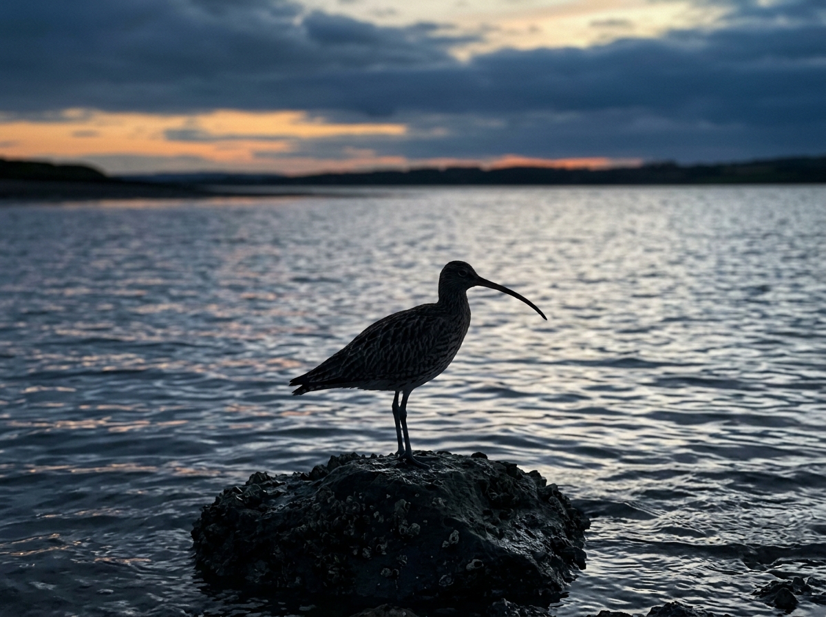 Curlew perched at dusk on shoreline, long bill silhouetted against water