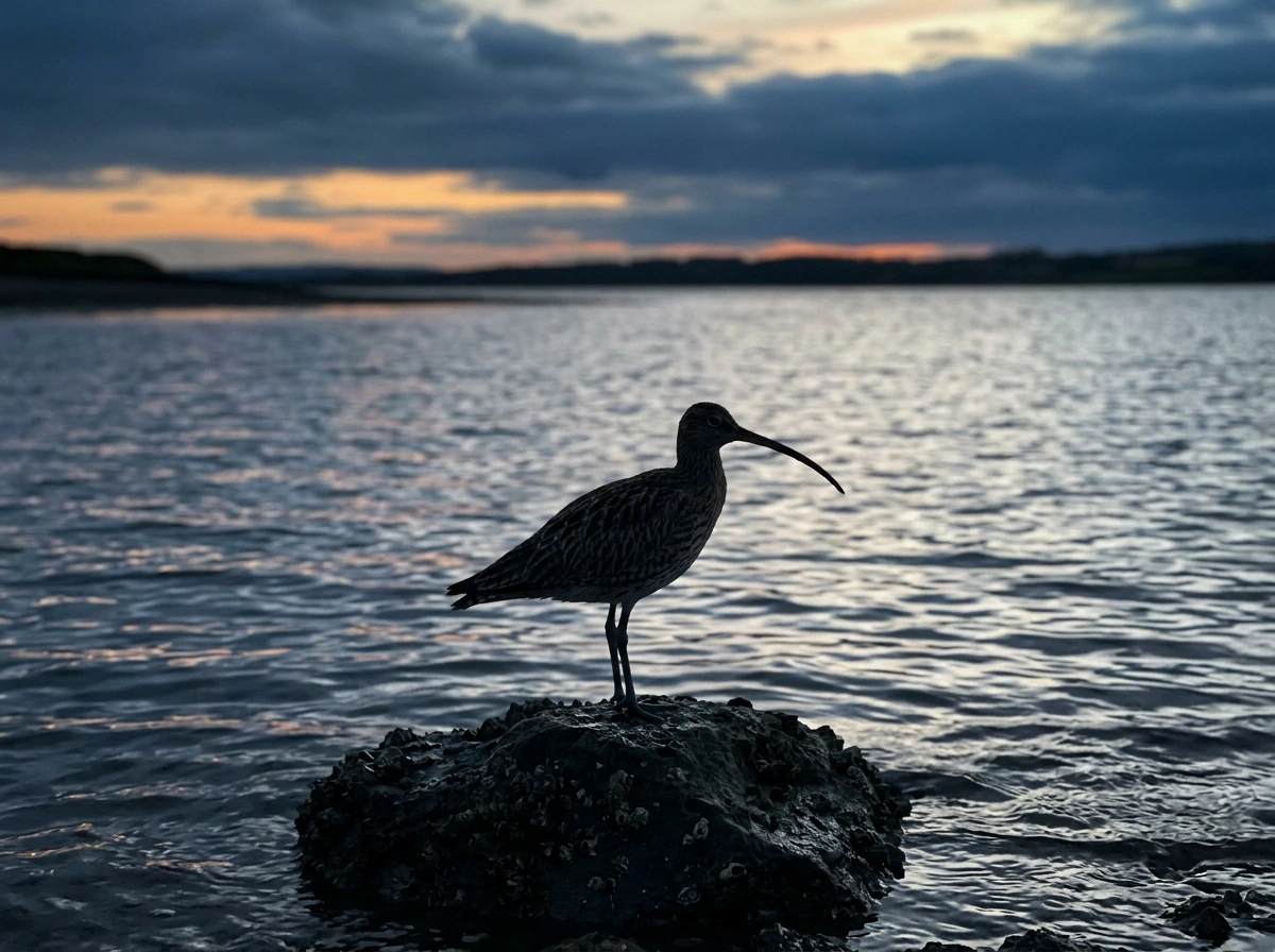 Curlew perched at dusk on shoreline, long bill silhouetted against water