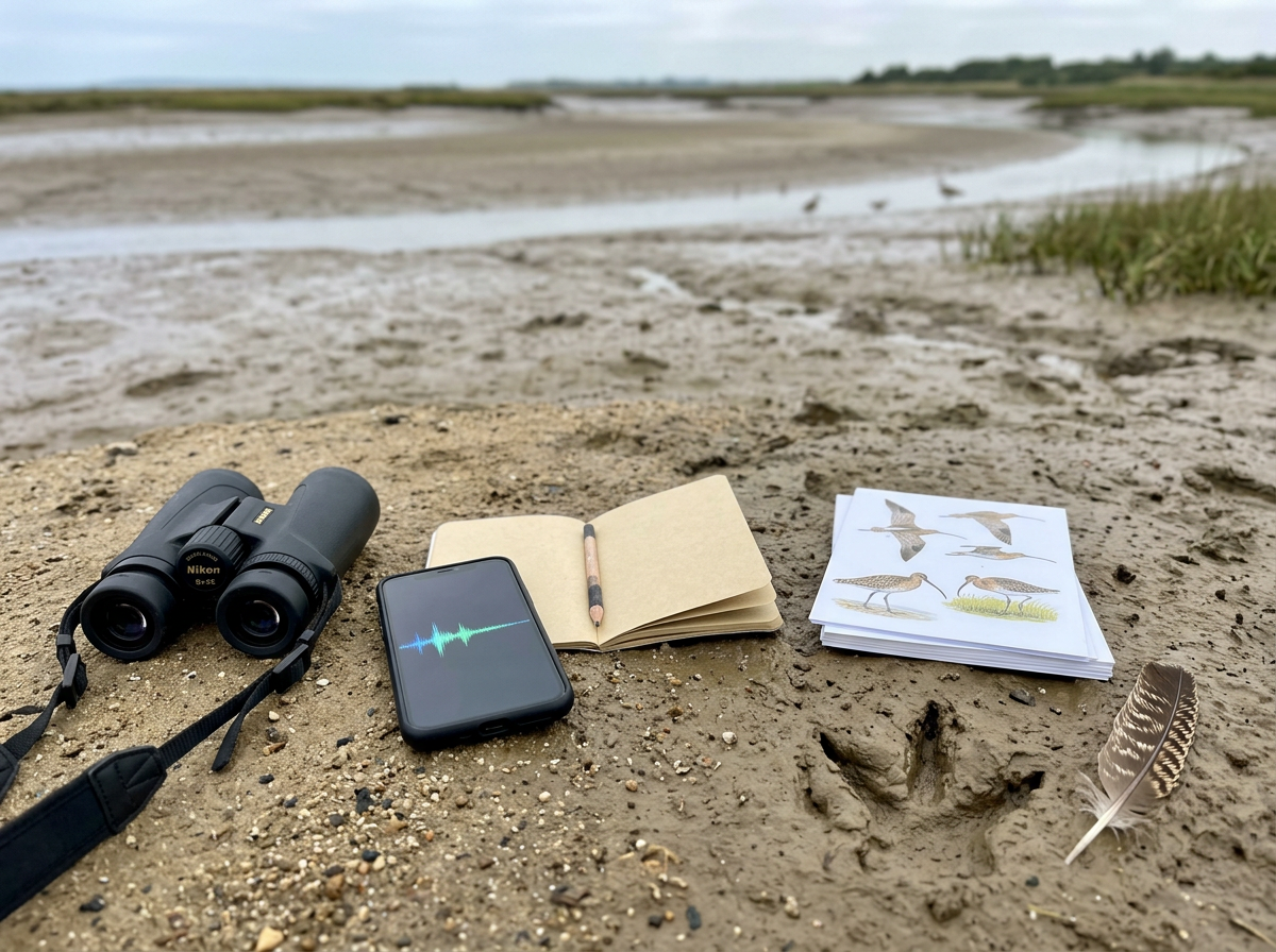 Binoculars and phone audio recording setup for confirming a curlew sighting