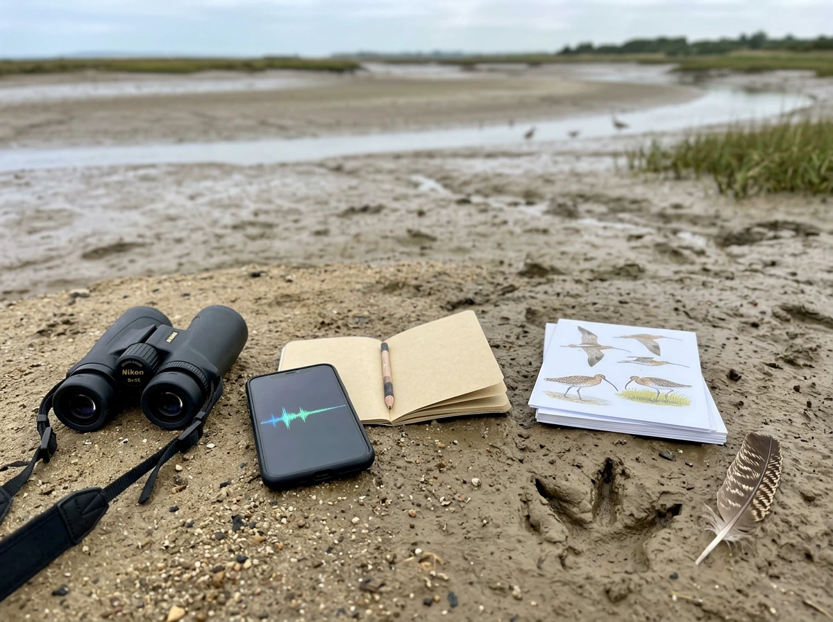 Binoculars and phone audio recording setup for confirming a curlew sighting