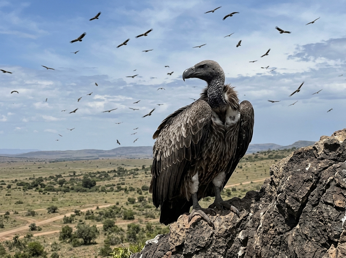 Vulture perched on rocky ground with others circling overhead