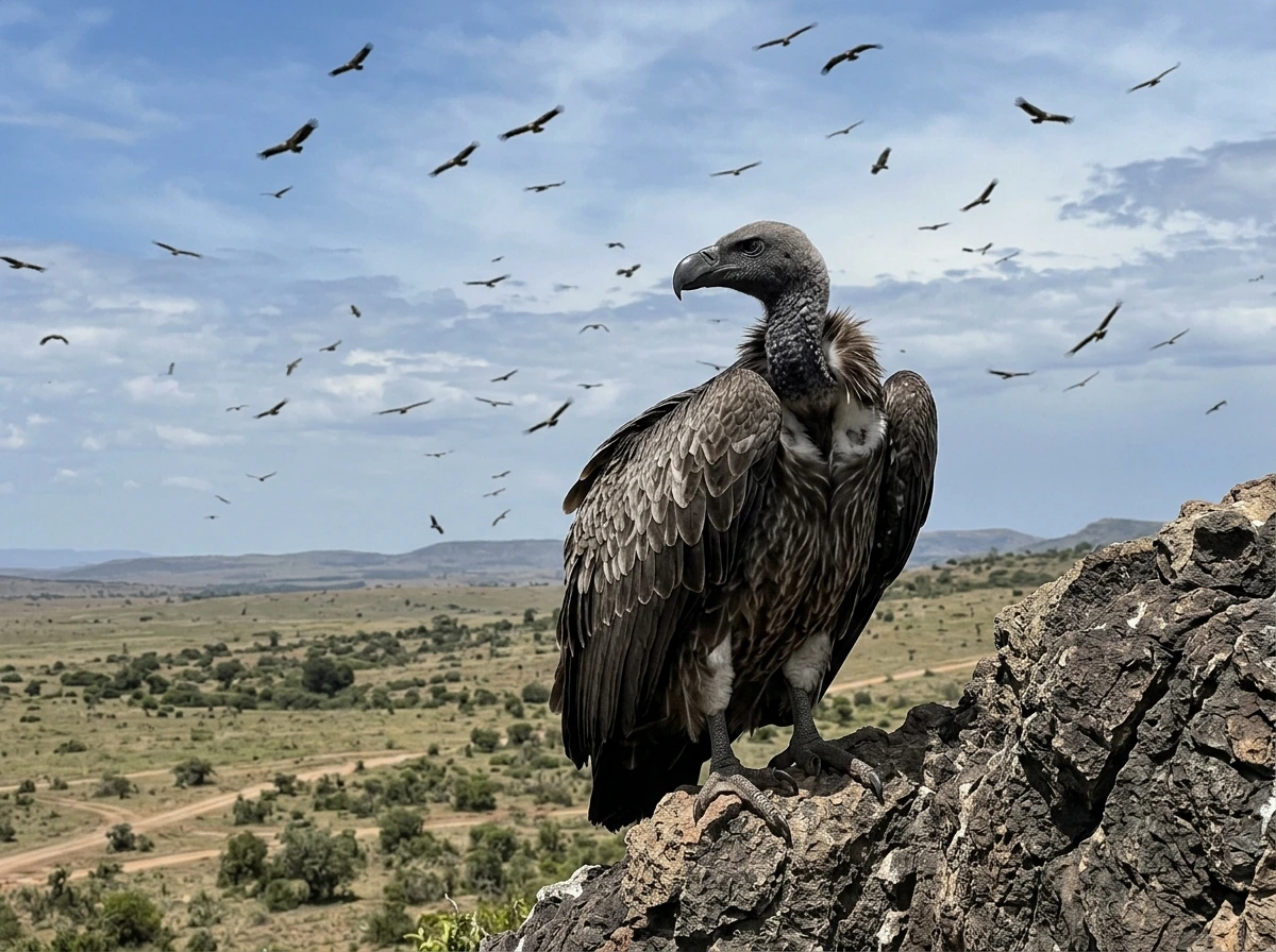 Vulture perched on rocky ground with others circling overhead