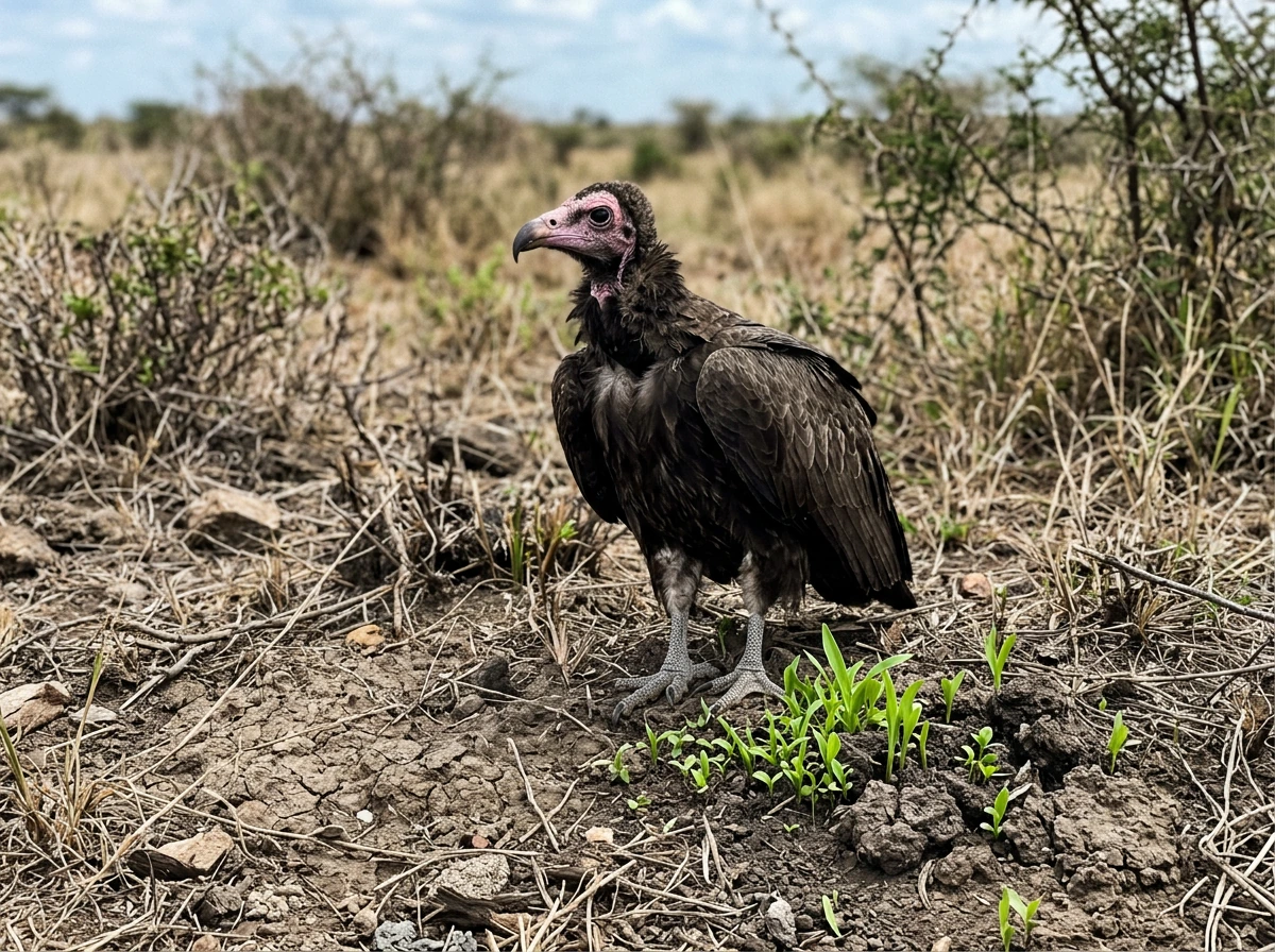 Vulture near natural remains and returning life energy in soil