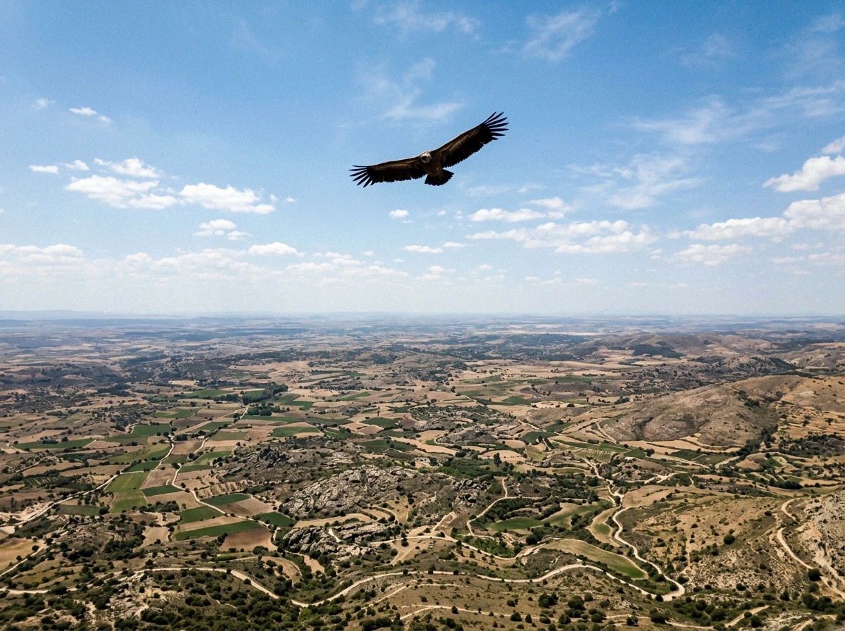 Vulture flying high scanning terrain from above