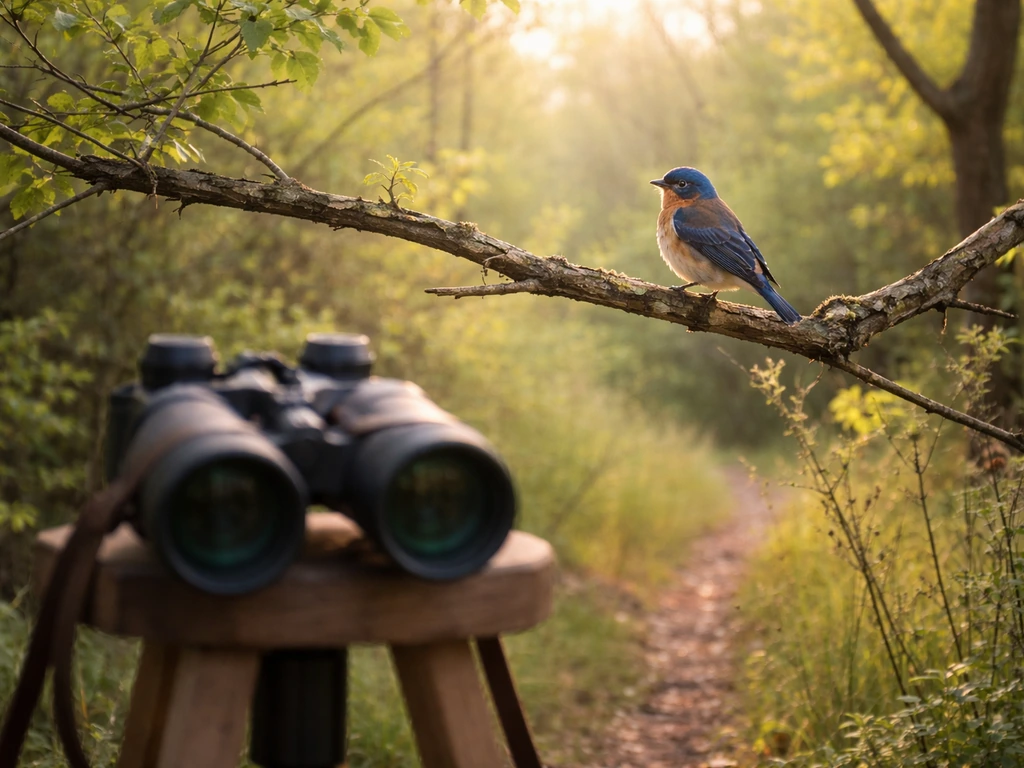 Birdwatcher’s view as a colorful lifer-style songbird lands on a branch in soft morning light