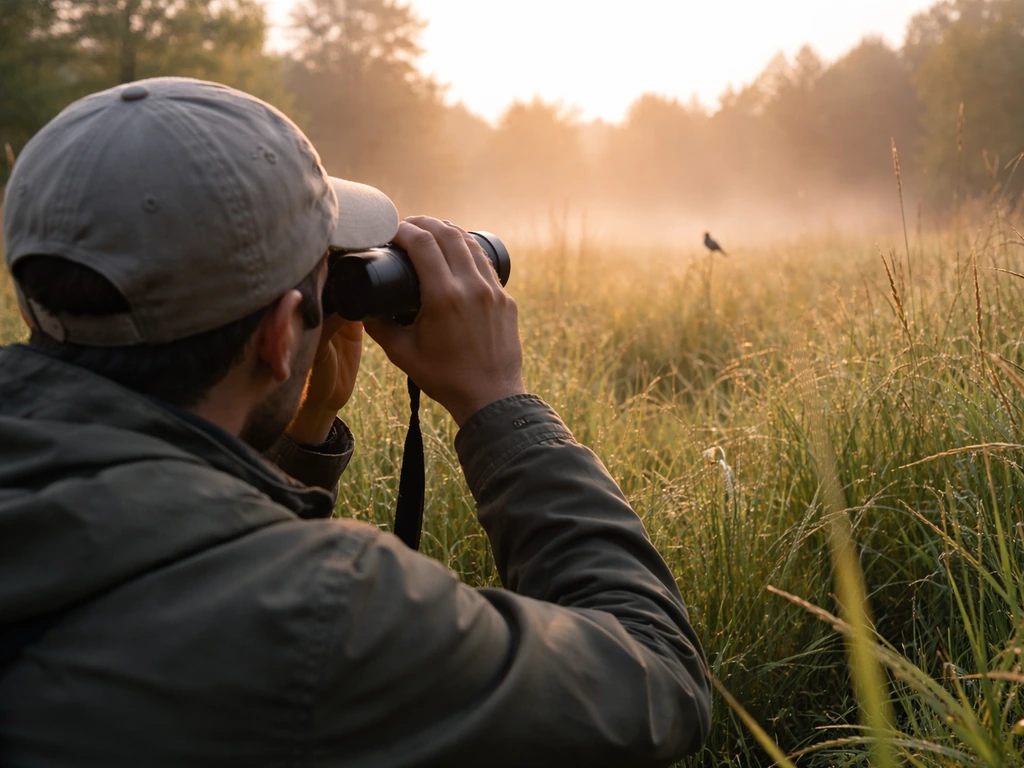 Birdwatcher in a quiet field using binoculars to identify a new species