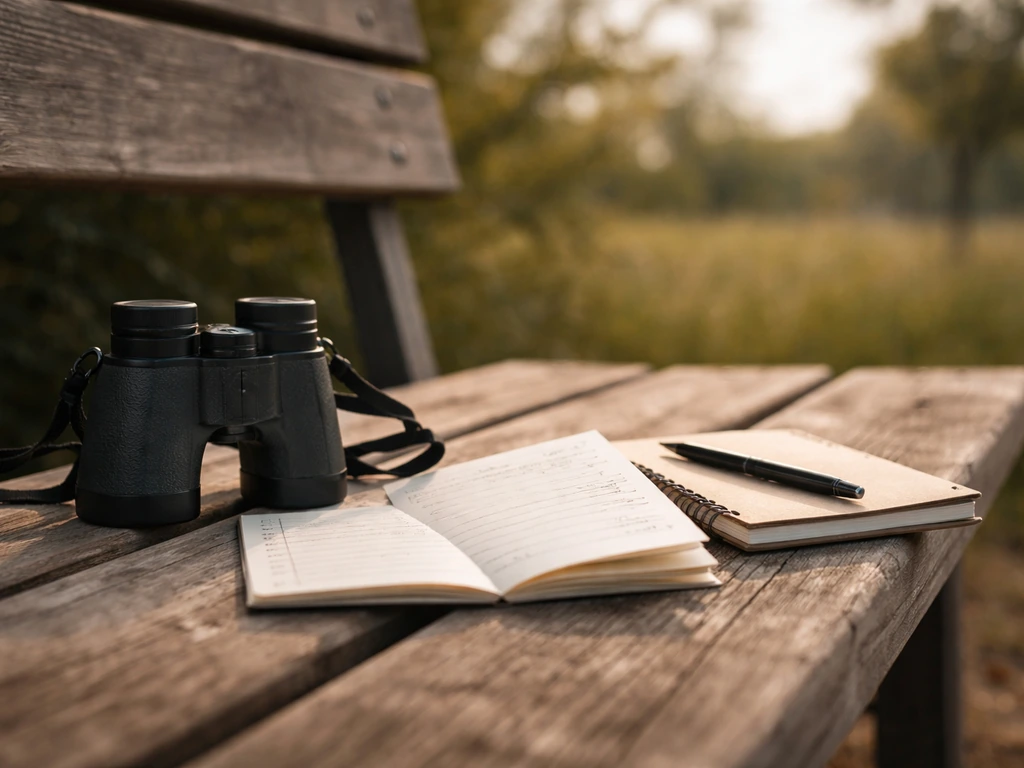 Binoculars beside a handwritten bird checklist and notes on a park bench in soft daylight.