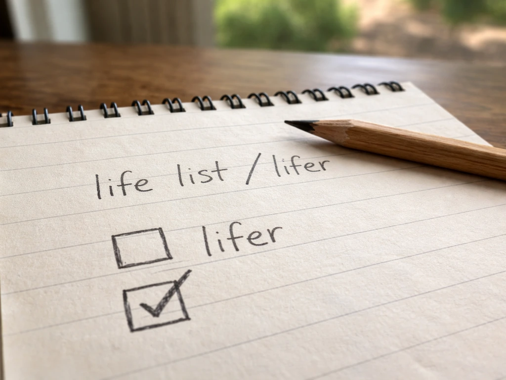 Close-up of a birding notebook with a marked life list/lifer checkbox on a desk
