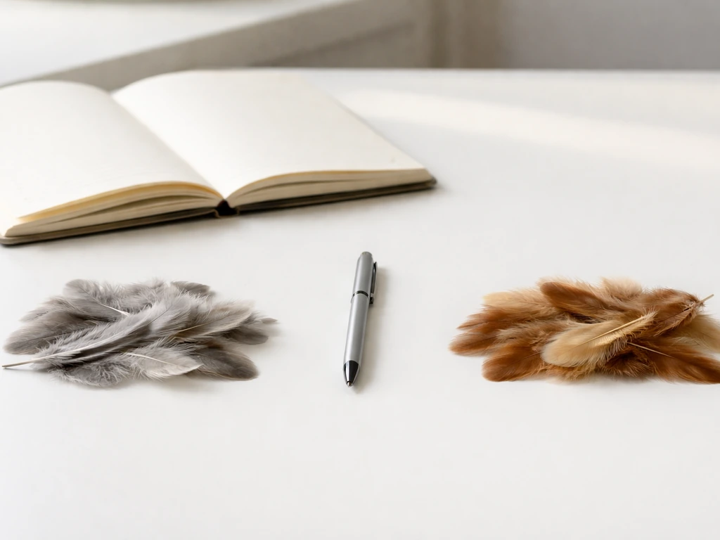 Minimal photo of an open notebook with a pen and two small bird-feather icons separated on a desk