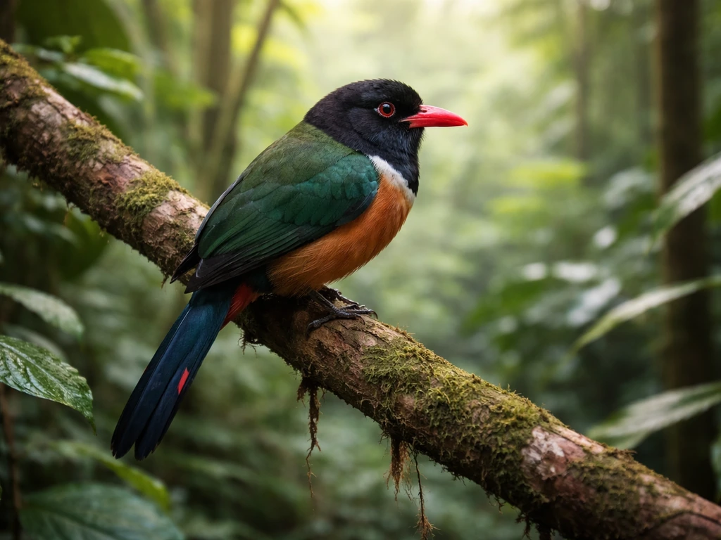Cameroon-native bird perched on a rainforest branch with soft green foliage in natural light