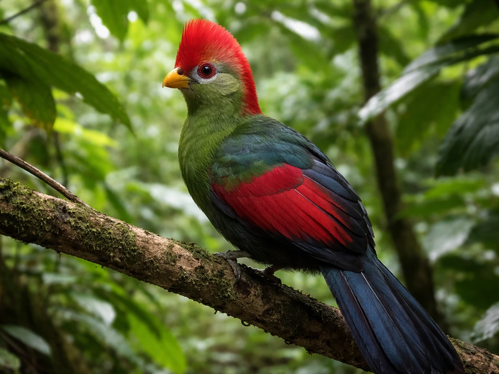 Close-up of a Bannerman’s turaco perched in a rainforest, highlighting its red crest and crimson feathers.
