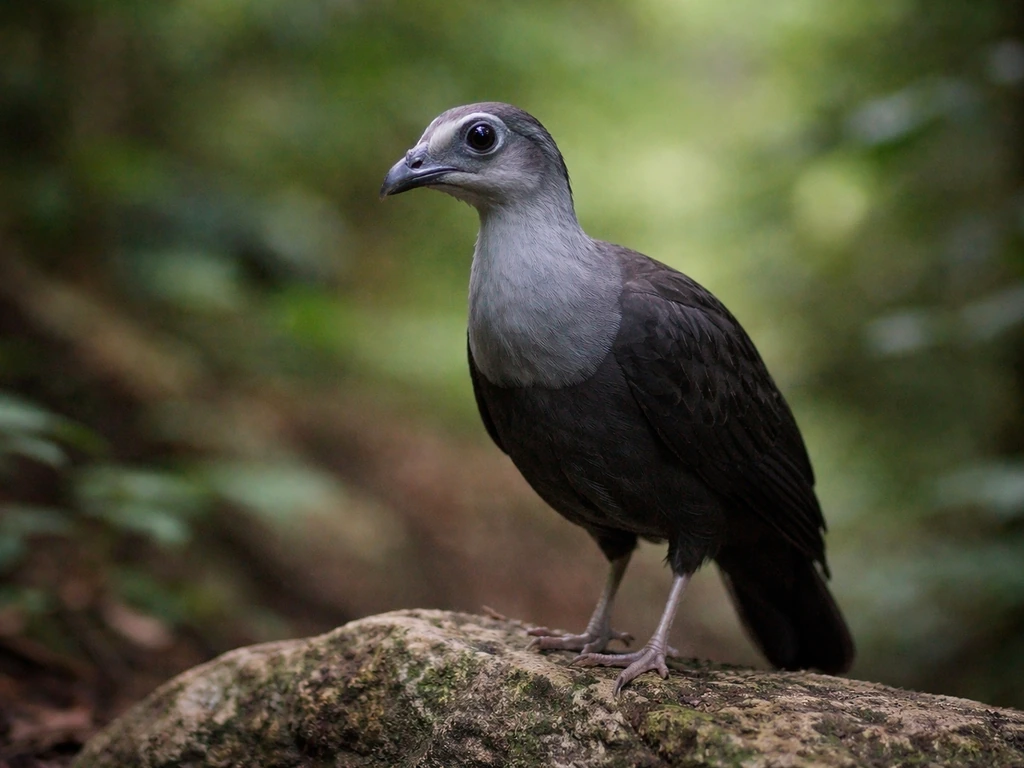 Gray-necked rockfowl with slate-gray head and neck perched on a rocky ledge in a lush forest.