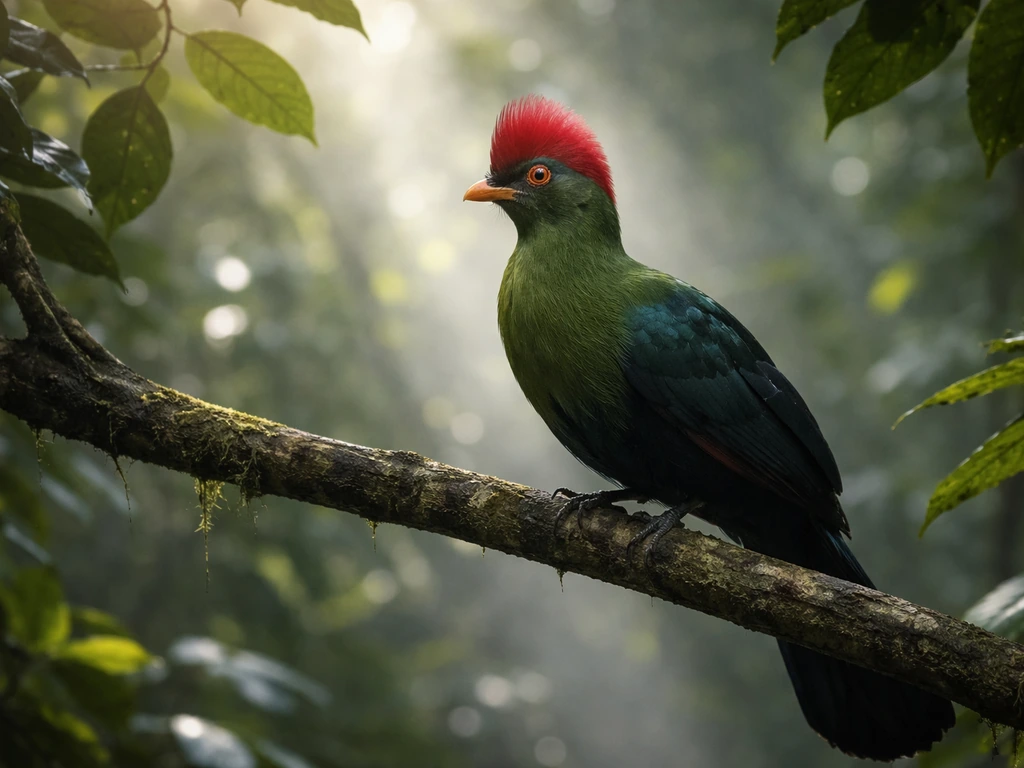 Bannerman’s turaco perched in a rainforest canopy with a vivid red crest in natural light.