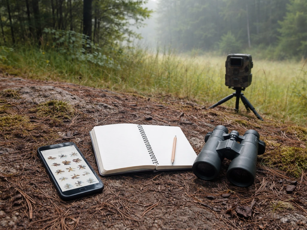 Smartphone, binoculars, notebook checklist, and a camera trap set in a quiet forest to verify a bird species.