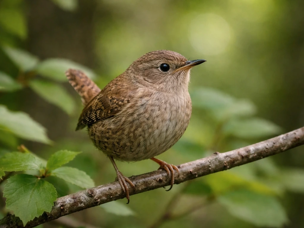 Close-up of a small brown-gray wren with upright posture perched in natural greenery.