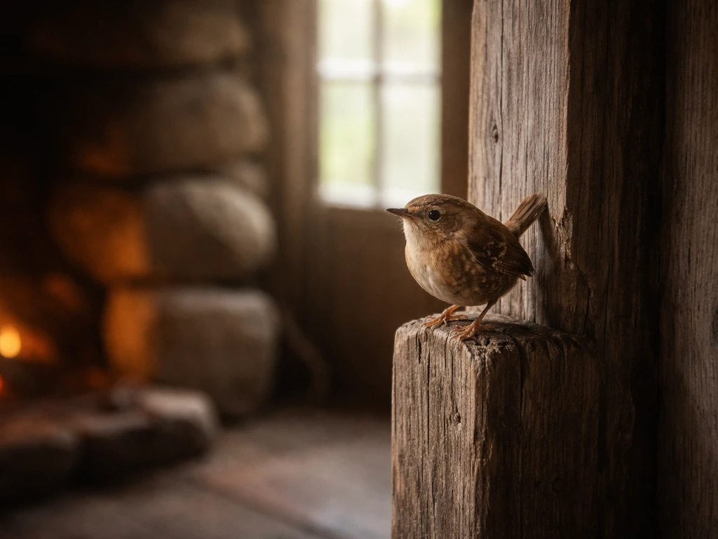 A small wren perched near a doorway, softly lit for a storytelling, listening-to-birdsong mood.