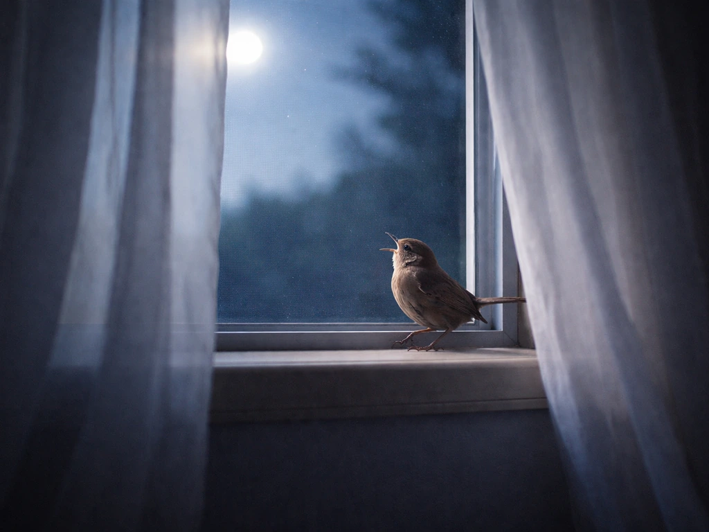 A small wren sings beside a quiet window at night under moonlit starlight.