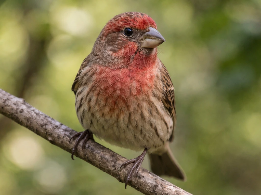 Small finch perched on a branch, close view of its seed-cracking beak and upright stance.