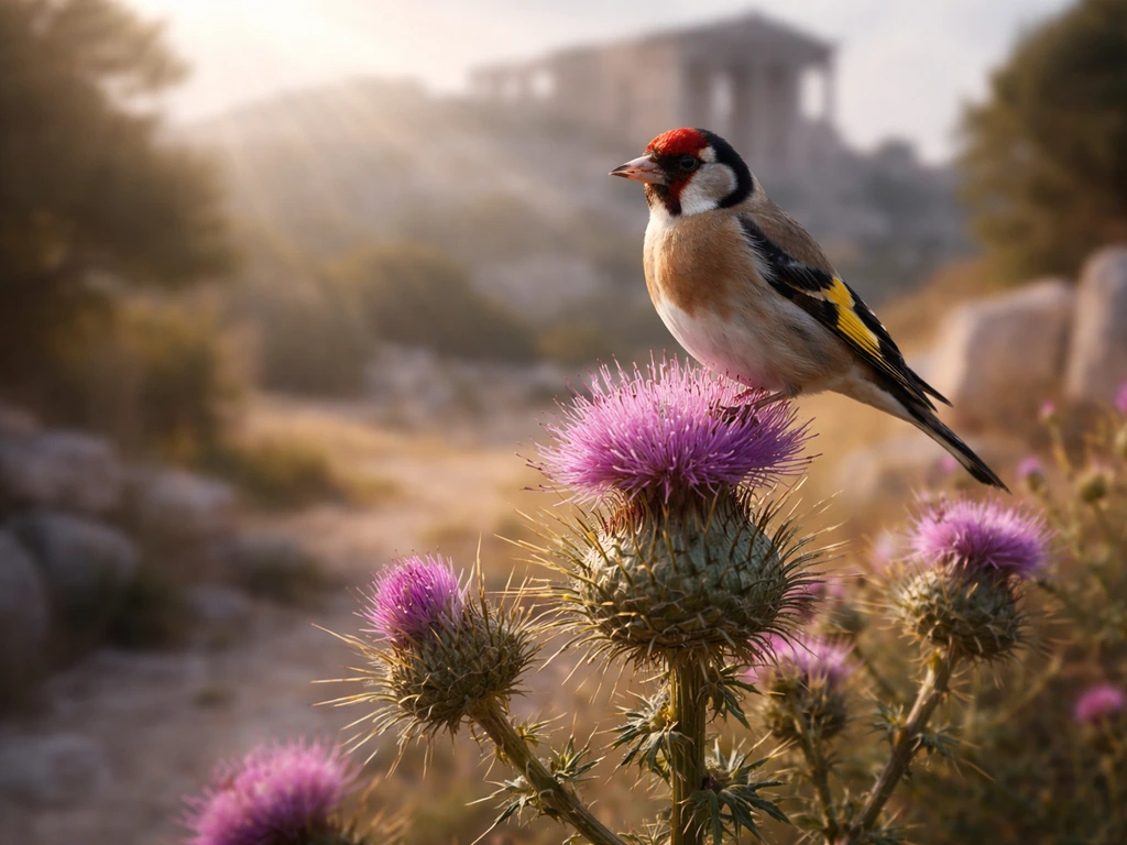 A thistle finch perched on a thistle plant in an antique, mythic Greek-inspired landscape