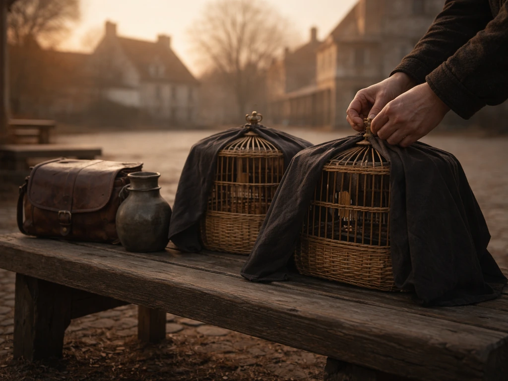 Anonymous hands adjusting a wicker finch cage at an old village bird-singing event in morning light.