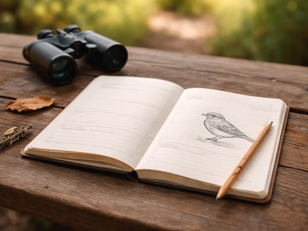 Open nature journal beside binoculars and pencil, with a small finch sketch on the page