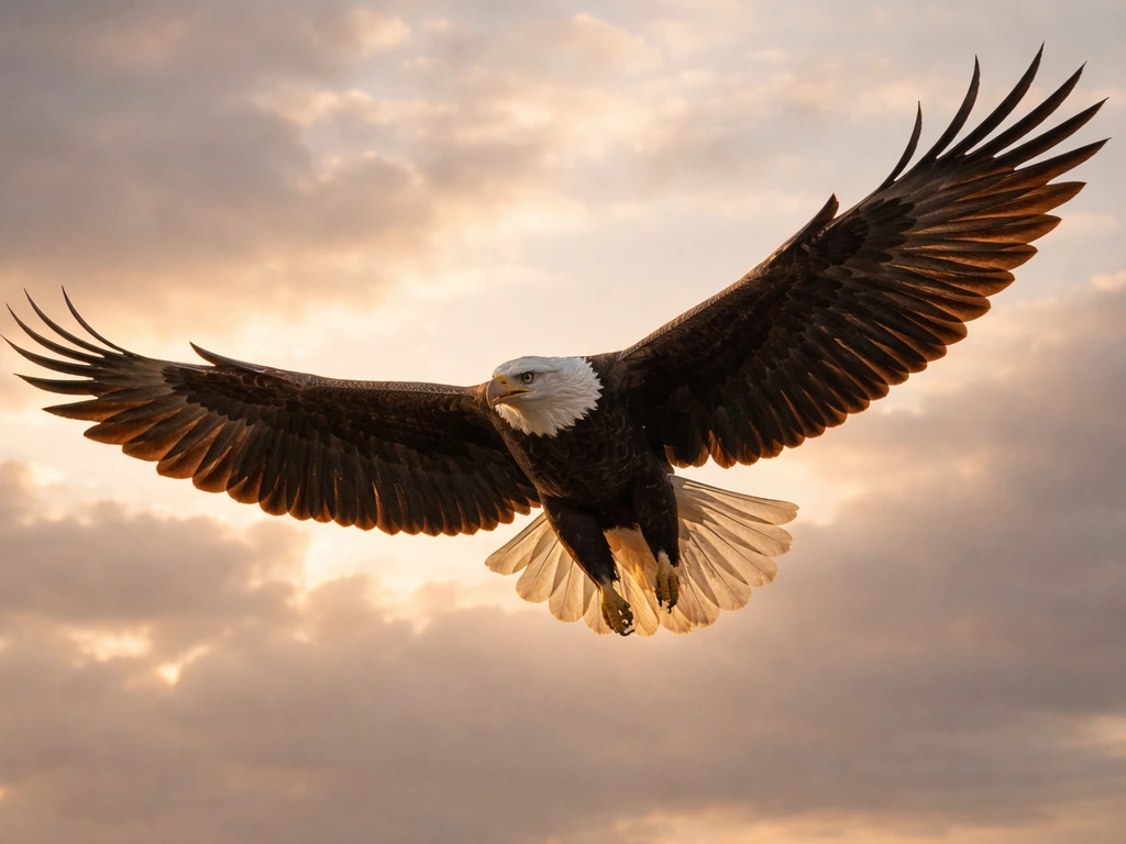 Powerful eagle soaring in dramatic light with wings spread against a vast sky