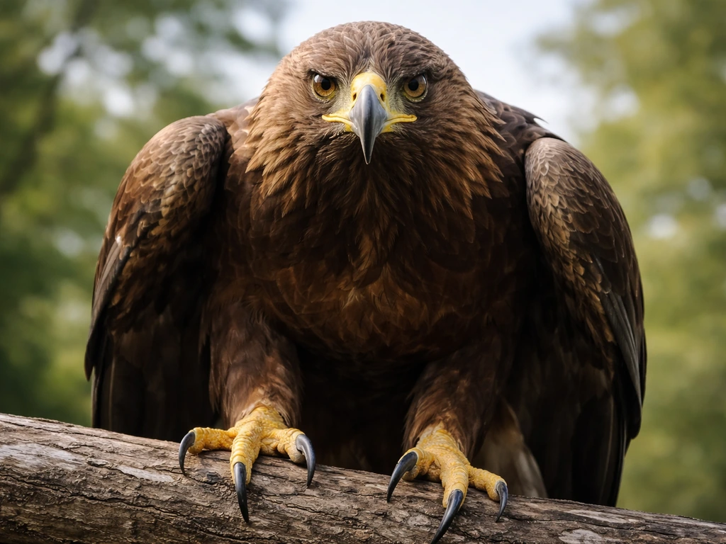 Close-up of an eagle perched, showing hooked beak and talons against a blurred natural background.