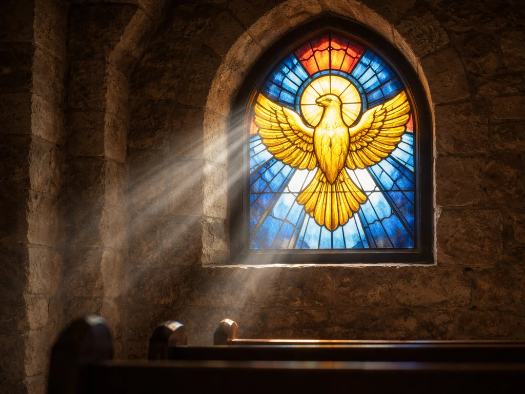 Golden eagle motif in a softly lit church interior, symbolizing spiritual ascent