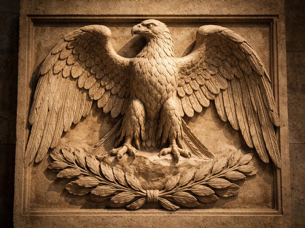 Close-up of an ancient Greco-Roman eagle stone relief with laurel details in soft natural light.