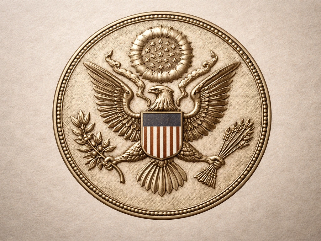 Close-up of a bald eagle emblem with olive branch and arrows on the Great Seal backdrop.