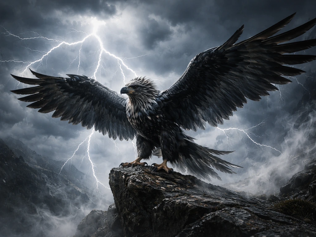 Eagle-like Thunderbird in storm clouds with lightning, wings spread over a rocky ledge.