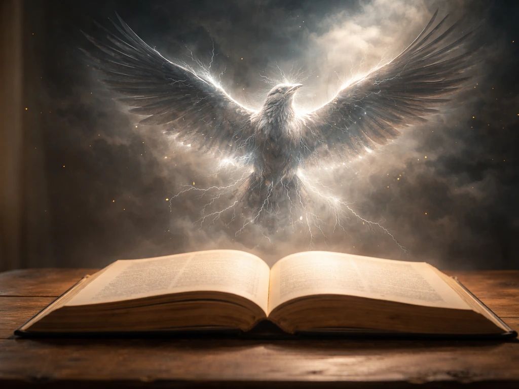 Open vintage dictionary with a luminous mythic eaglelike thunderbird and faint lightning above the pages.