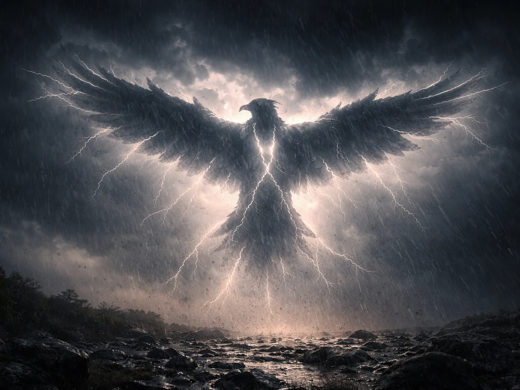 A dramatic storm sky with a stylized thunderbird silhouette surrounded by lightning and rain clouds