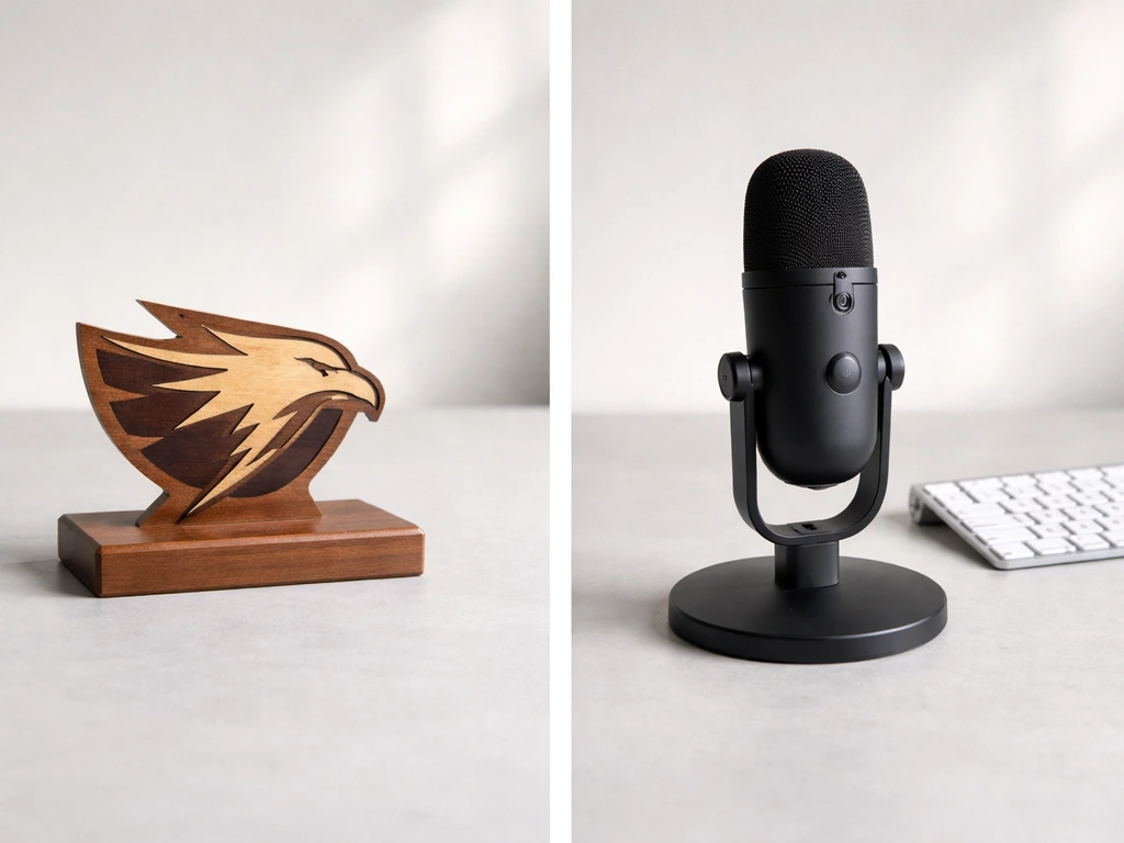 Two-panel minimal grid: abstract lightning-bird emblem and a USB microphone on an office desk.