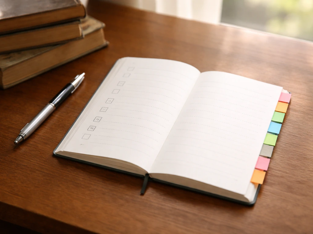 Minimal desk scene with an open notebook and colored sticky tabs suggesting a context-clue checklist.