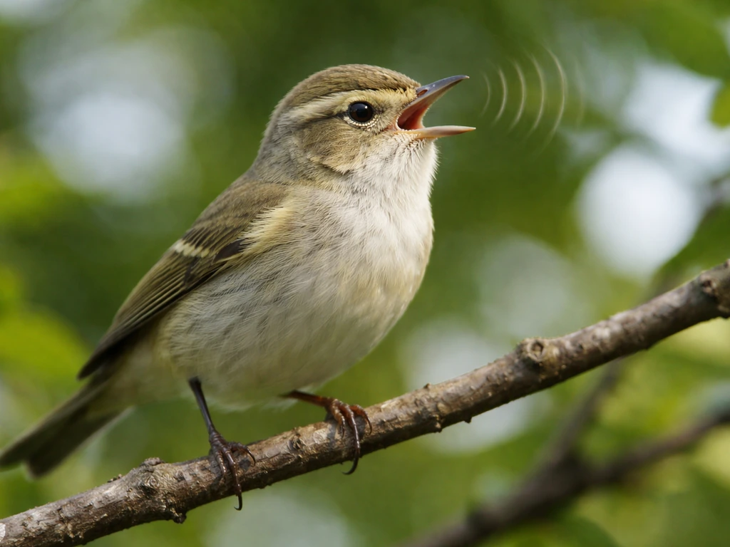 Close-up of a small outdoor songbird perched mid-whistle, mouth open as if calling, natural background