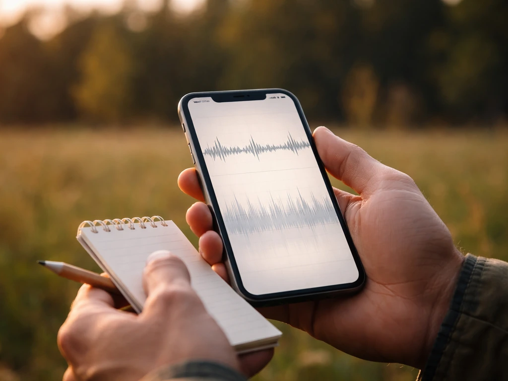 Hands holding a phone showing a generic waveform/spectrogram texture for bird whistle call patterns.