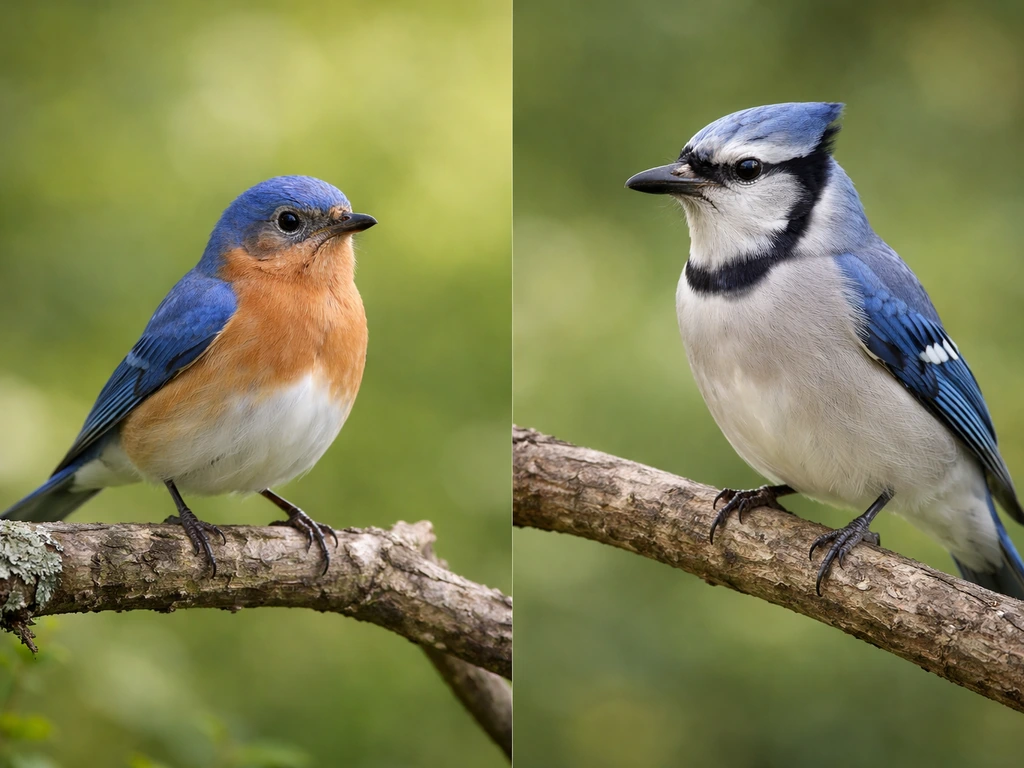 Two perching birds on branches: eastern bluebird with rusty breast beside a blue jay with a crest.