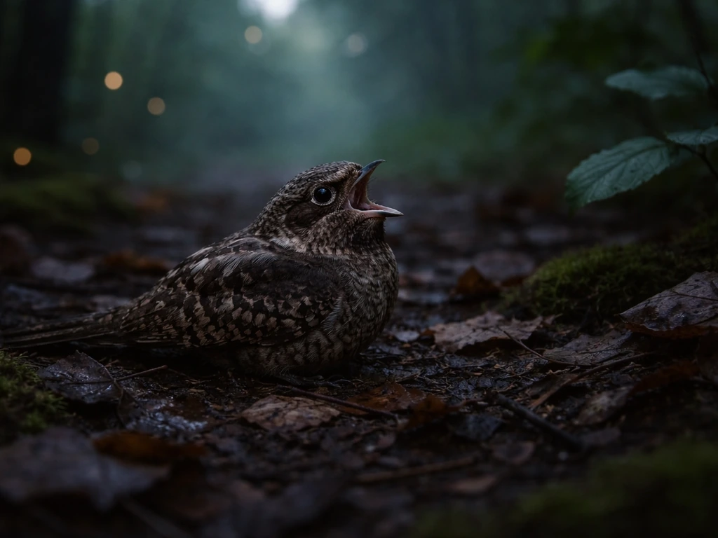 Whip-poor-will perched on a mossy forest floor at dusk, misty trees behind it.