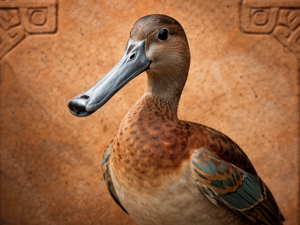 Mesoamerican-inspired whistling duck motif with a prominent duck beak whistle in warm tones.