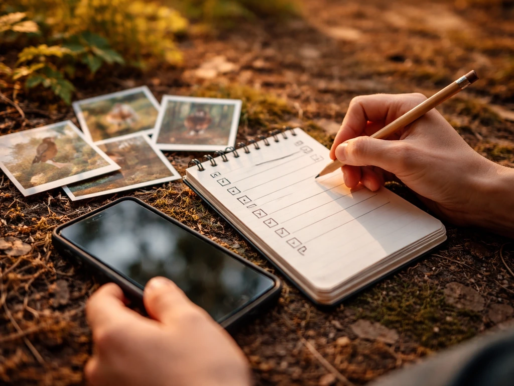 Hands near a smartphone and nature notebook with blank checkboxes, forest clearing, golden-hour light