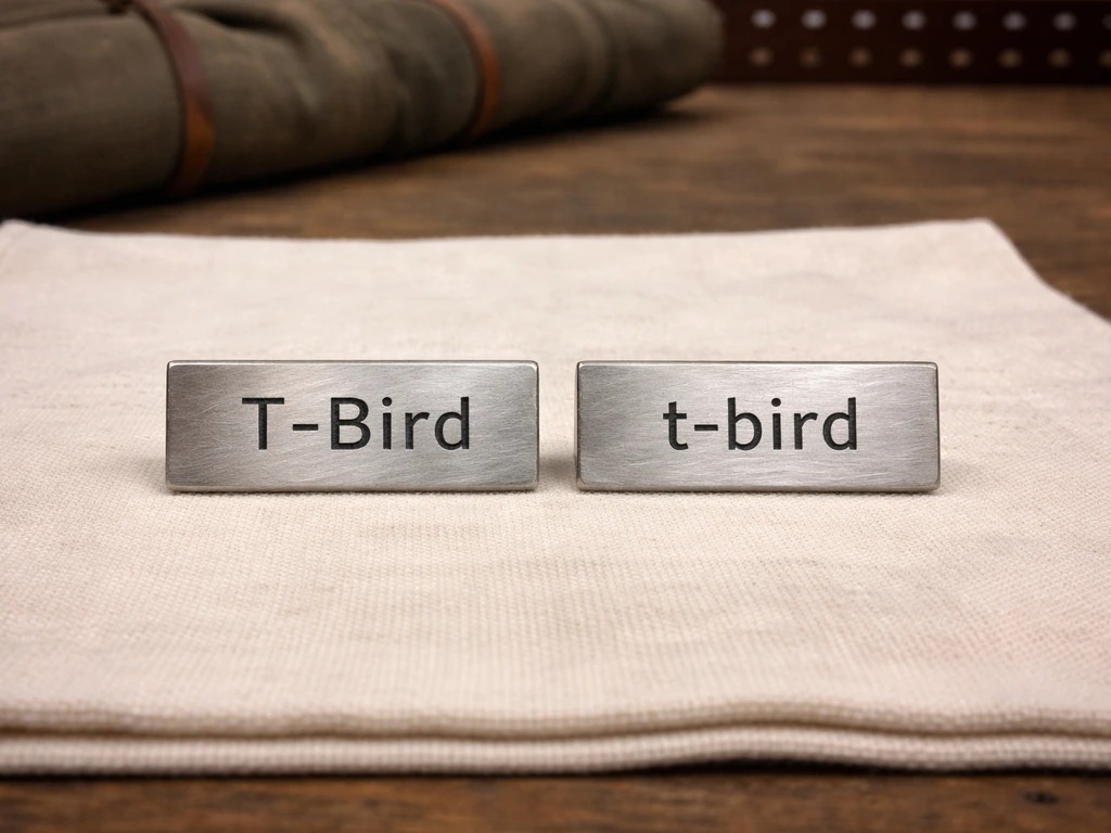 Two close-up nameplates showing “T-Bird” and “t-bird” styles on a car garage workbench.